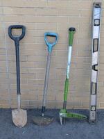 Metal Shovel + Edger, Field Gear Lawn & Garden Weeder & 48" Long Johnson Bubble Level, Note: Damage to Shovel Head (Pictured)