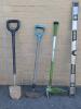 Metal Shovel + Edger, Field Gear Lawn & Garden Weeder & 48" Long Johnson Bubble Level, Note: Damage to Shovel Head (Pictured)
