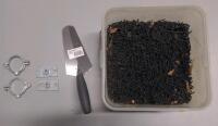 Large Bucket of Black Drywall Screws, Masonry Trowel, and Pipe hanging clamps/mounts