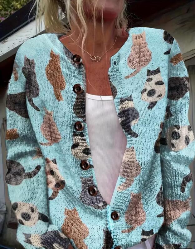 New Cozy Cat Women's Size XL Sky Blue 3D Cat Print Cardigan All-Over Design Button Front, Loose Fit Casual Sweater %Polyester Stock photos added Love this