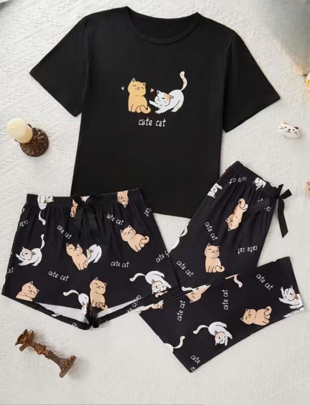 New Women's Size XL Pajama Set - Cute Cat Print Top, Shorts and Pants - Soft Round Neck Short Sleeve with Bow Tie Waistband Machine Washable Polyester Stock photo added
