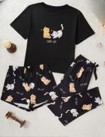 New Women's Size XL Pajama Set - Cute Cat Print Top, Shorts and Pants - Soft Round Neck Short Sleeve with Bow Tie Waistband Machine Washable Polyester Stock photo added