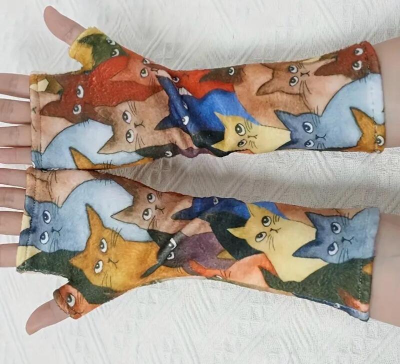 New Cat Comfortable & Soft Plush Cat Print Long Cat Gloves for Pet Lovers Cozy fingerless for Dexterity and Texting One Size Fits Most Machine Wash Polyester Knit Fabric Stock photo added<br/>Approximately 11.8&rsquo;&rsquo; long<br/><br/>