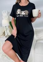 New Size XL Comfortable Women's Long-Sleeve Nightgown Sloth and "Need More Sleep" Print Black 95% Polyester 5% Elastane Machine Wash stock photo added