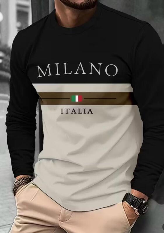 New Men's Size XL Italian Flag & Milano Graphic Long Sleeve T-Shirt - Heavyweight 100% Polyester Round Neck Casual Shirt with Italian Flag Colors (Green/White/Red), Machine Washable Stock photos added