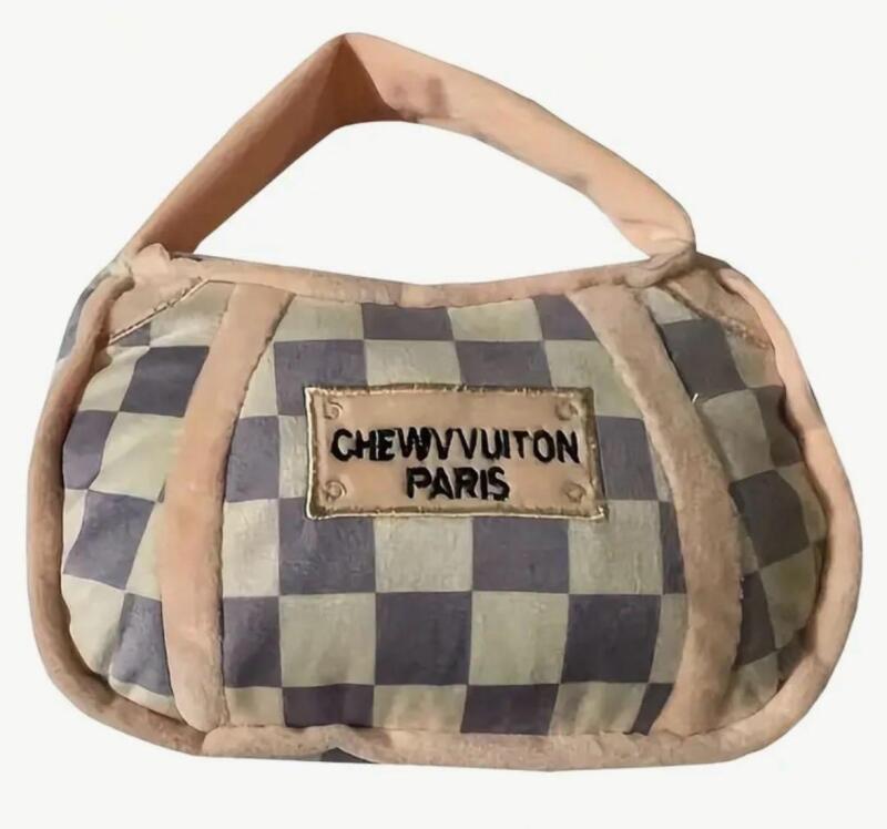 New Durable Plaid Pet Handbag Plush Embroidered Design Perfect for All Breeds Soft Chew Toy Approximately 7.5 x 7&rsquo;&rsquo; Stock photos added CHEWY VUITON PARIS Adorable
