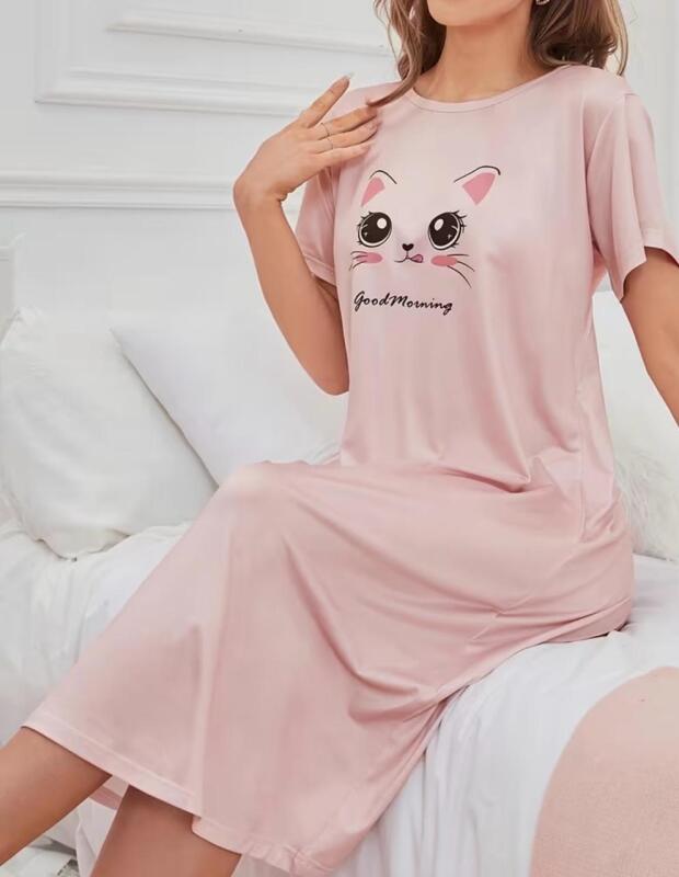 New Size XL Women's Cute Cat Printed Crew Neck Short Sleeve T-Shirt Dress Pyjamas Polyester Knit Fabric 95% Polyester 5% Elastane <br/>Machine Washable Stock photos added