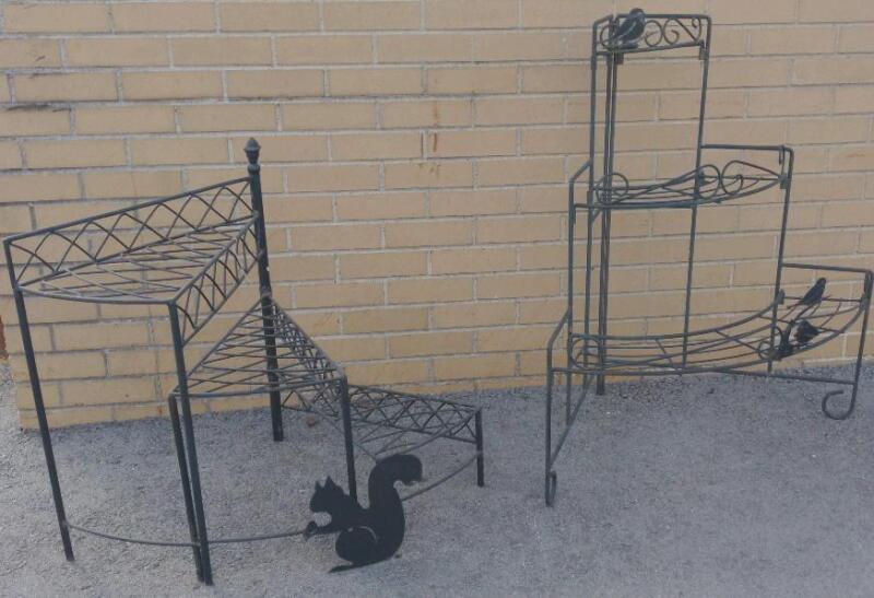 Metal Garden Flower Pot Stands, Black, w/ Metal Squirrel and Bird accents