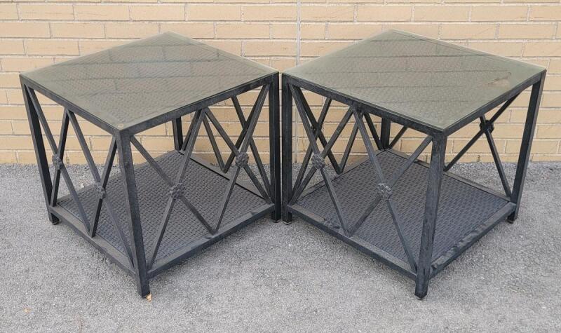 Two (2) Outdoor Patio Tables w/Glass Tops . Each table measures 23"&times;23"&times;23" . Glass would benefit from cleaning before use .