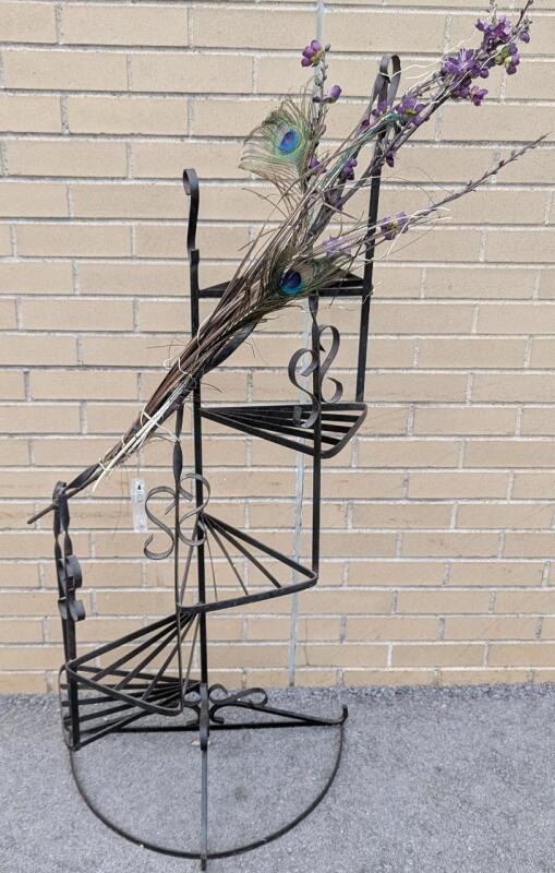 Vintage MCM 50.25" Tall Wrought Iron Spiral Staircase Plant/ Display Stand With Attached Faux Flowers, Peacock Feathers & Battery-Powered Fairy Lights (Untested), Metal is Weathered