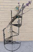 Vintage MCM 50.25" Tall Wrought Iron Spiral Staircase Plant/ Display Stand With Attached Faux Flowers, Peacock Feathers & Battery-Powered Fairy Lights (Untested), Metal is Weathered
