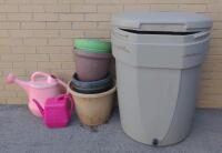 Assorted Gardening Bins, Pots, and Watering Cans