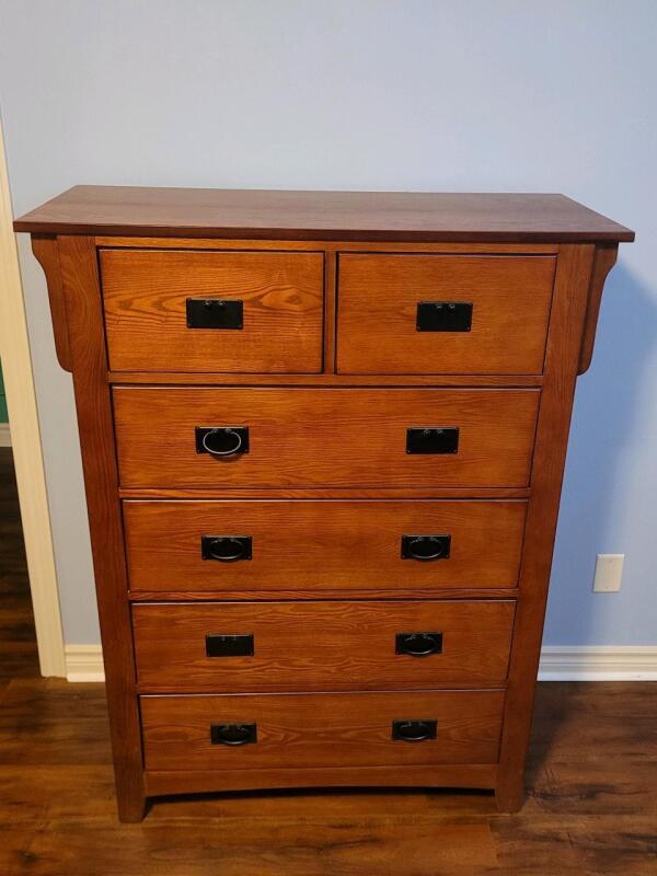 Wood 6-Drawer Tall Boy Dresser . Measures 42"&times;54.5"&times;18 . Great Condition , some minor scuff wear . Missing three (3) handles