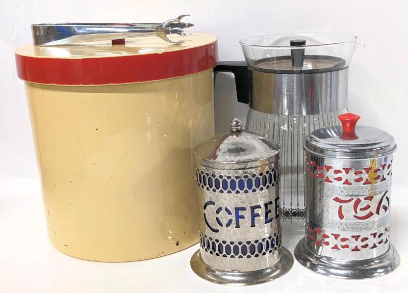 Vintage PYREX Silver Stripe Glass Carafe Plastic Wood Grain Lid, Pair English Silver Plate Plastic-Lined Coffee Canisters + Tea Caddy & Large 7.8" Tall Ice Bucket With Tongs, No Chips or Cracks