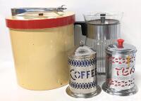 Vintage PYREX Silver Stripe Glass Carafe Plastic Wood Grain Lid, Pair English Silver Plate Plastic-Lined Coffee Canisters + Tea Caddy & Large 7.8" Tall Ice Bucket With Tongs, No Chips or Cracks