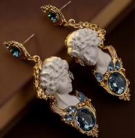 Elegant Vintage-Inspired Hand-Painted 3D Sculpture Earrings, French Court Style, 22K Golden Plated Copper Alloy with Sparkling Light Blue Crystals and 925 Sterling Silver Posts approximate 2.5&rsquo;&rsquo; drop
