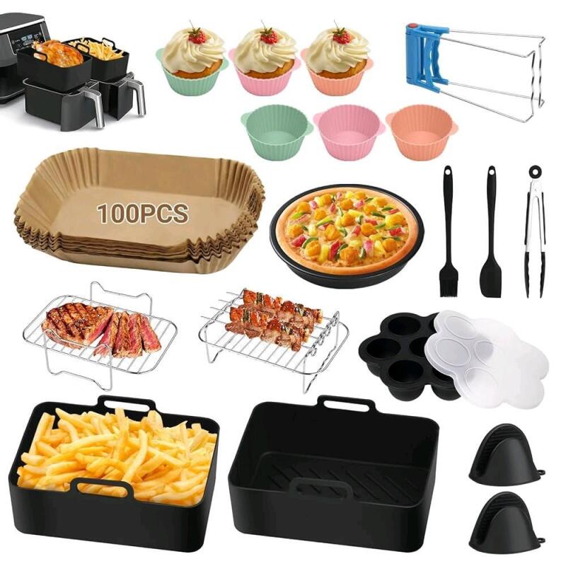 New PKBD Air Fryer Accessories, 19 PCS for Ninja DZ201C/DZ401/DZ201, Dual Air Fryer, Including Silicone Air Fryer Liners, Paper Liners, Racks, Cake Pans, Gloves and Tools
