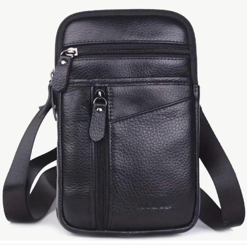 Men's Genuine Leather Sling Bag Belt Pack Top Grain Leather Top Waist Pack Black<br/>Approximately 5 x 8&rsquo;&rsquo; Stock photos added