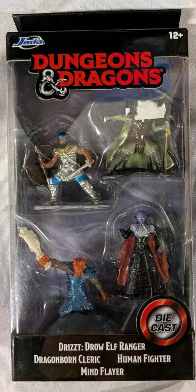 New Jada Dungeons and Dragons Diecast Miniature Pack. Contains Drizzt: Drow Elf Ranger, Dragonborn Cleric, Human Fighter, & Mind Flayer