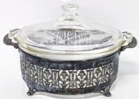 Vintage Etched PYREX Cornflower Lidded Glass Casserole Dish With Presumed Plated Handled & Footed Base, 6.75" Diameter, No Chips or Cracks