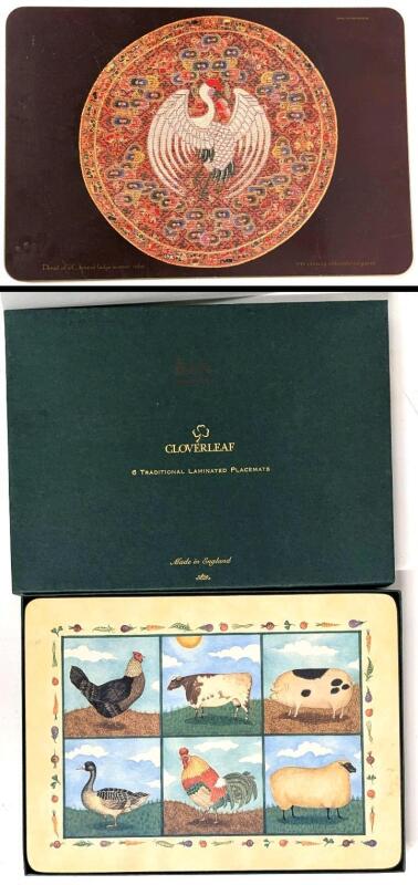 Vintage CLOVERLEAF UK 6pc Farm Animal Cork-Backed Placemats 11.4" &times; 8.4"in Gift Box & Large Vintage Royal Ontario Museum Cork-Backed Placemat With Detail of a Chinese Lady's Summer Robe 17" &times; 11.5"