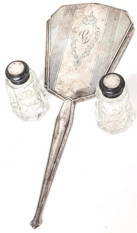Vintage 12" HADDON HALL Birmingham England Sterling Silver Hand Mirror Stamped Sterling + [CSG JCO, Anchor, Lion, F] & Pair of 3.15" Etched Cornflower Sterling 925-Capped Salt & Pepper Shakers
