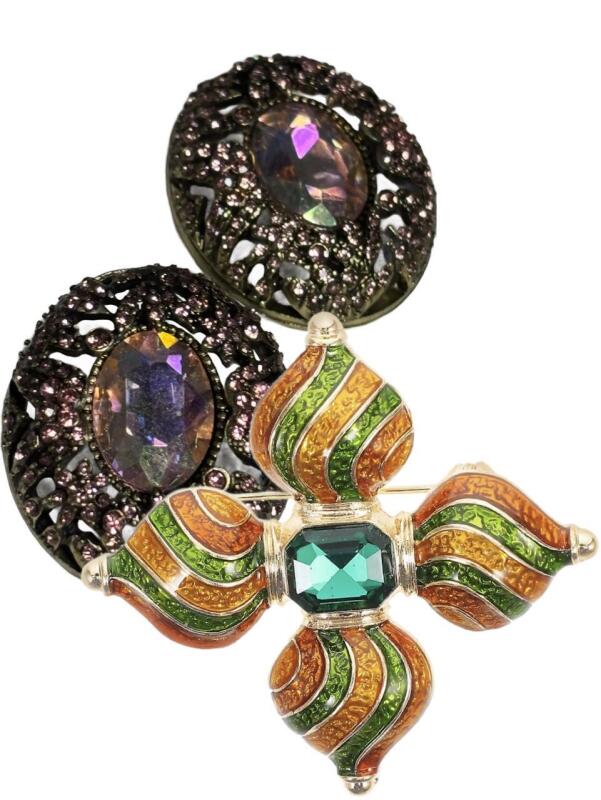 Russian Onion Dome Style Art Deco Crystal Enamel Cross Brooch / Vintage Inspired Stunning Oval Pierced Earrings- see description