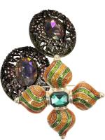 Russian Onion Dome Style Art Deco Crystal Enamel Cross Brooch / Vintage Inspired Stunning Oval Pierced Earrings- see description