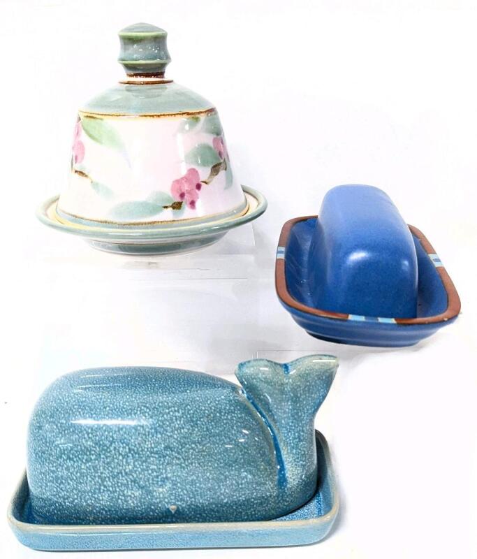 3 Ceramic Butter Bells / Butter Keepers : Signed Handmade Bell With Flowers, Indaba Whale & Dansk International With Small Chip in Rim, Up to 5.25" Tall