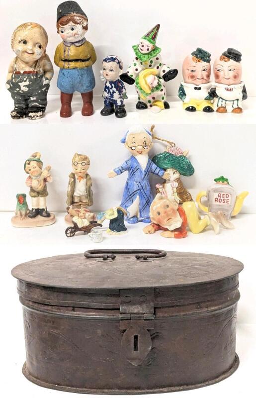 Assorted Vintage to Very Old Figurines+ S/P Shakers (Incl Lauremml & Hardy Humpty Dumpty, Leap Frog Clowns), German Elf, Cold-Painted Japanese Figures + In Lidded Metal Bin (9.5" &times; 6.75" &times; 4" Tall), Figures Up to 5.75" Tall
