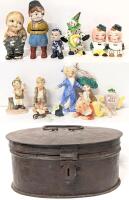 Assorted Vintage to Very Old Figurines+ S/P Shakers (Incl Lauremml & Hardy Humpty Dumpty, Leap Frog Clowns), German Elf, Cold-Painted Japanese Figures + In Lidded Metal Bin (9.5" &times; 6.75" &times; 4" Tall), Figures Up to 5.75" Tall