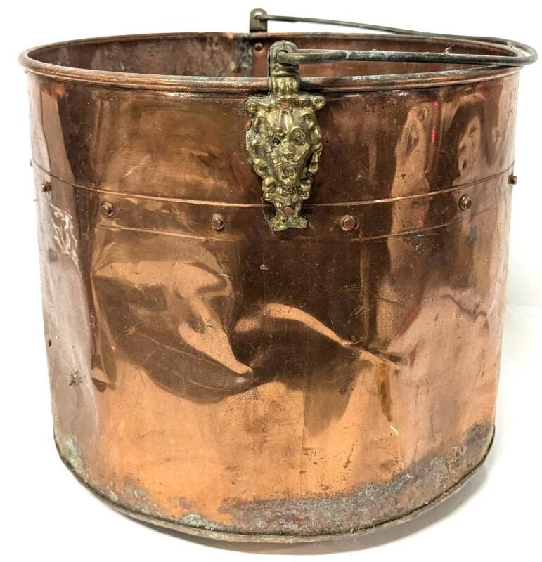 Large Old Riveted Brass & Copper Water Pail / Bucket With Lion Heads by Handles, 12.5" Diameter &times; 11.25" Tall