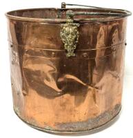 Large Old Riveted Brass & Copper Water Pail / Bucket With Lion Heads by Handles, 12.5" Diameter &times; 11.25" Tall
