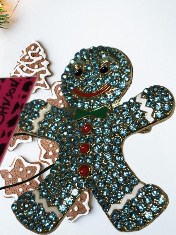 Gingerbread Man Brooch / Pendant Blue Rhinestones Betsey Johnson Icing, Bow and Eyebrows Glow Tagged appropriately 2 x 1.75&rsquo;&rsquo;