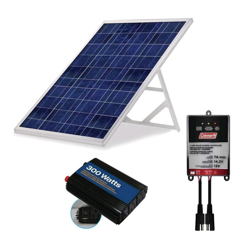 As New Coleman 100W Off-Grid Solar Panel Kit with Stand & 7A Charge Controller for 12V Batteries. Retails for 350