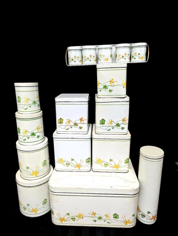 Wow! 11pc Vintage MEISTER Brazil Nesting Tins, Canisters & Bins + 5pc Spice Tins & Rack, Up to 12" Tall