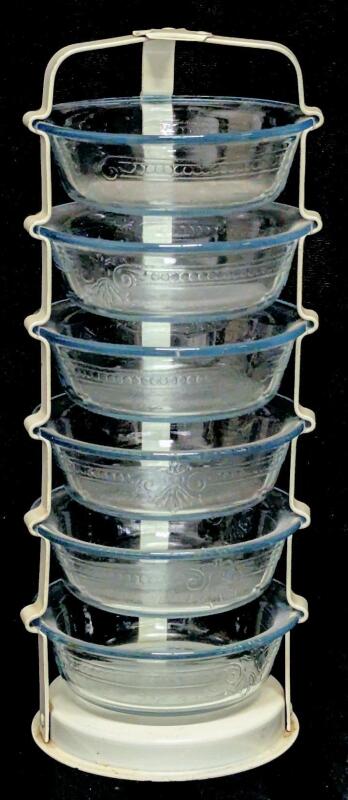 RARE Vintage Set of 6 FIRE KING Sapphire Blue Glass Custard Dishes in Original Metal Stand, No Chips or Cracks, Dishes 4.25" Diameter &times; 1.25" Tall