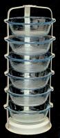 RARE Vintage Set of 6 FIRE KING Sapphire Blue Glass Custard Dishes in Original Metal Stand, No Chips or Cracks, Dishes 4.25" Diameter &times; 1.25" Tall