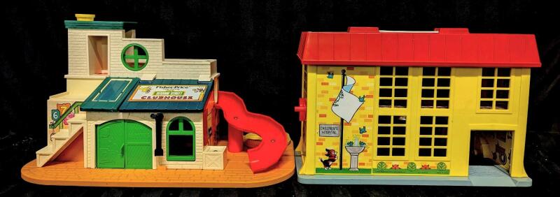 2 Vintage FISHER-PRICE Play Places: Sesame Street Playhouse & Play Family Children's Hospital, 9" - 9.75"