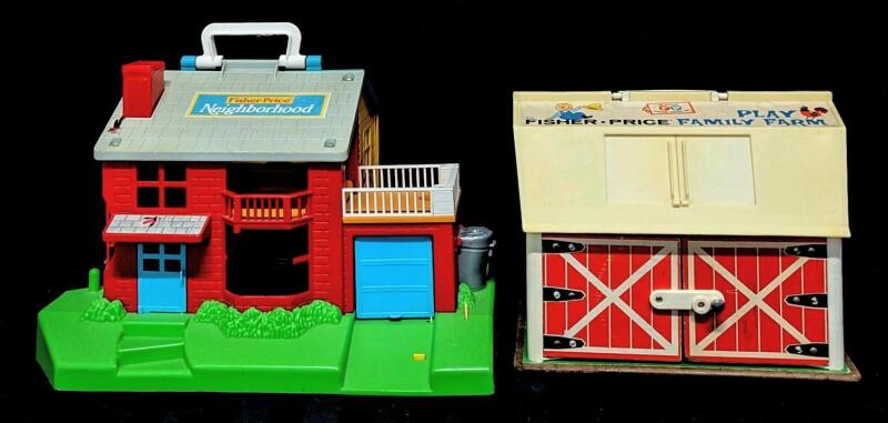 2 Vintage FISHER-PRICE Play Buildings: Neighborhood & Family Play Barn, 8.75" - 9.5" Tall (Yes! Barn Still "Moos" !)