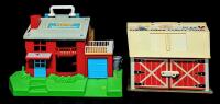 2 Vintage FISHER-PRICE Play Buildings: Neighborhood & Family Play Barn, 8.75" - 9.5" Tall (Yes! Barn Still "Moos" !)