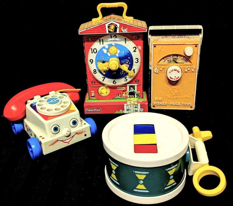 4 Vintage to Modern FISHER-PRICE Toys : Music Box Teaching Clock, Music Box TV Radio, Drum & Chatter Rotary Phone Yo to 9.5" Tall, All in Working Condition