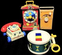 4 Vintage to Modern FISHER-PRICE Toys : Music Box Teaching Clock, Music Box TV Radio, Drum & Chatter Rotary Phone Yo to 9.5" Tall, All in Working Condition