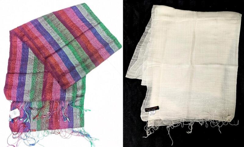 2 100% Silk Scarves : New TEN THOUSAND VILLAGES Phontong Handicraft Colorful Scarf 12" Wide &times; 63" Long & Craft Link Vietnam Gauzy Off-White Scarf 28.5" Wide &times; 62" Long, Colorful Scarf Retails $80!