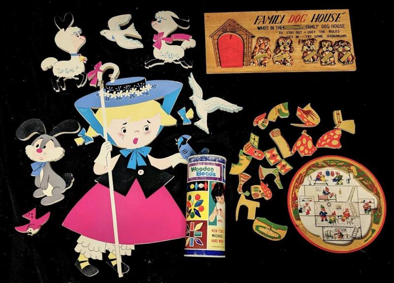 Vintage Wood & Cardcraft Toys & Decor : Holland Circle Puzzle 7.5", Family Dog House Wall Art 13.5" &times; 5.75", Little Bo Peep Wall Art (Bo 17" Long) & Wooden Beads in Original Tube