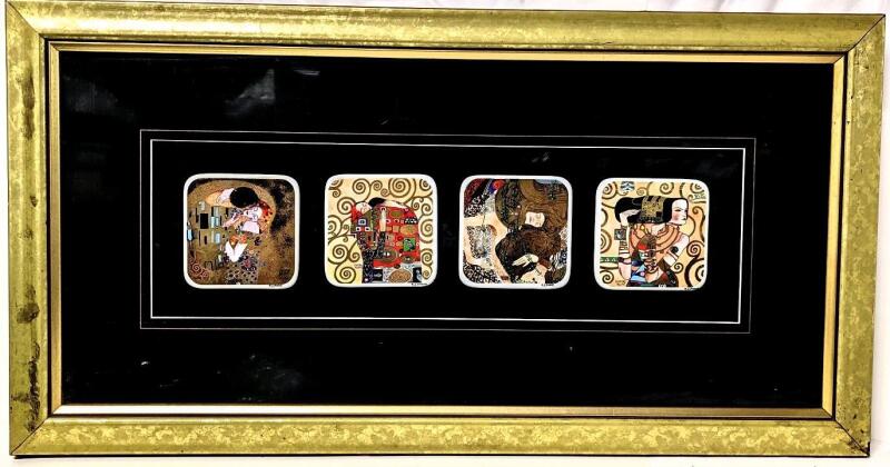 Gorgeously Framed GUSTAV KLIMT Porcelain Tile Quartet, Tiles 3.75" &times; 3.75", Frame 28" &times; 14.5"