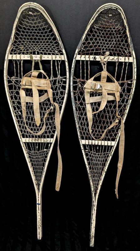 Neat Vintage Possibly Magline Painted Magnesium Metal Frame Snow Shoes & Binding Straps, 12.5" Wide &times; 46" Long