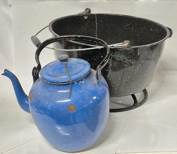 2 Vintage Enamel Handled Pot and Teapot +