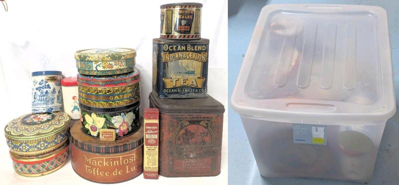 13 Vintage Tins in Lidded Storage Bin: Hostess Fruit Cake, Ocean Blend Tea, Prince of Wales Chewing Tobacco, Aspirin, Mackintosh's Toffee de Luxe +, 1.3" - 8.25" Tall