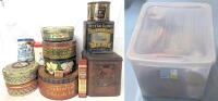13 Vintage Tins in Lidded Storage Bin: Hostess Fruit Cake, Ocean Blend Tea, Prince of Wales Chewing Tobacco, Aspirin, Mackintosh's Toffee de Luxe +, 1.3" - 8.25" Tall